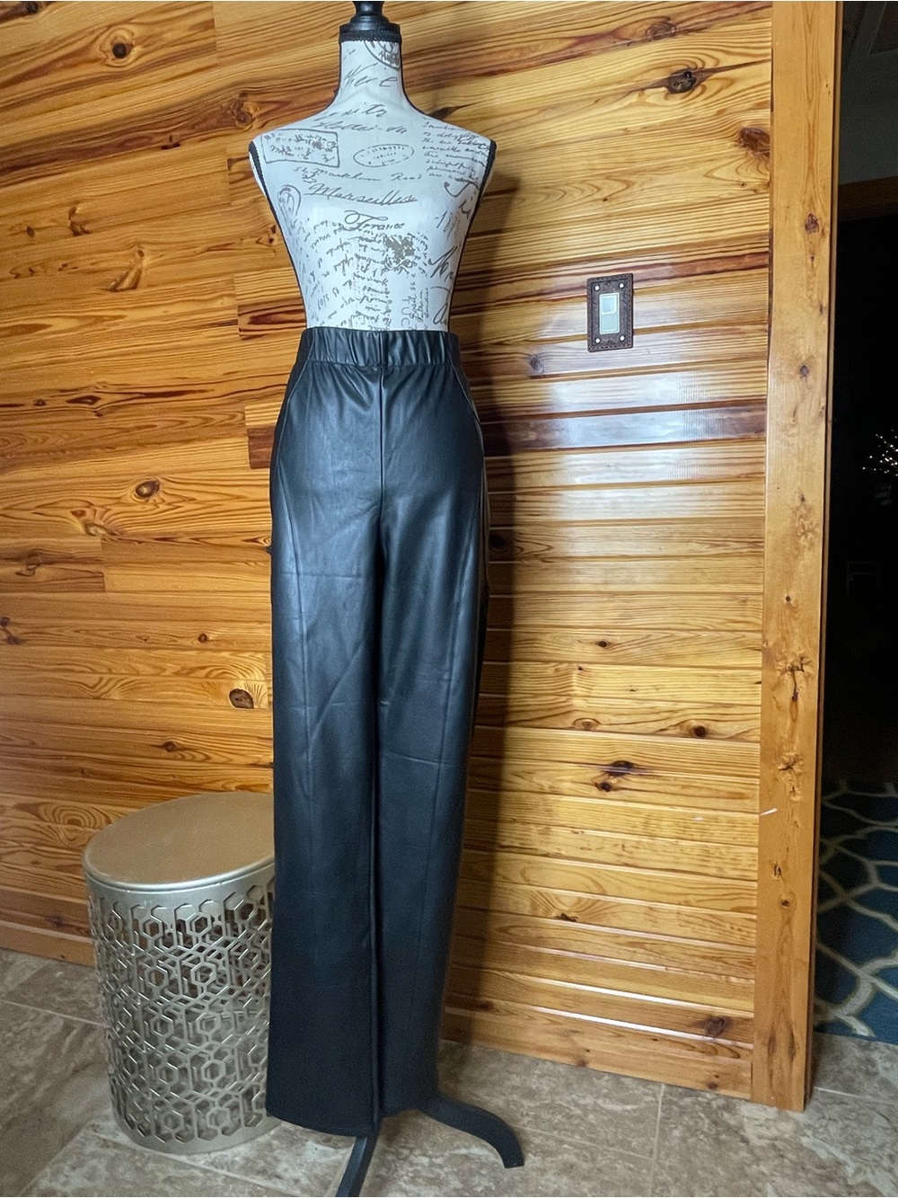 Anthropologie Black Faux Leather Wide-Leg Pants SZ 33T